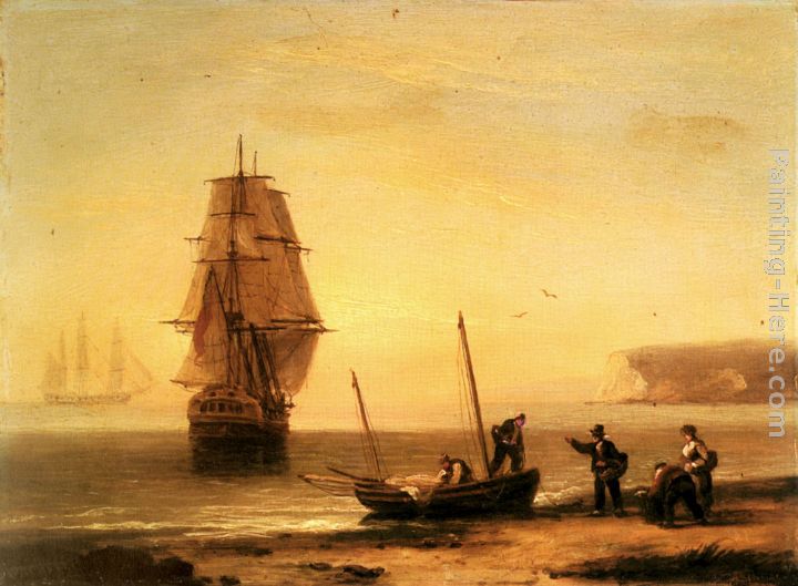 Fishermen unloading the catch with a merchant ship in calm water off Brymer Bay, Devon painting - Thomas Luny Fishermen unloading the catch with a merchant ship in calm water off Brymer Bay, Devon art painting